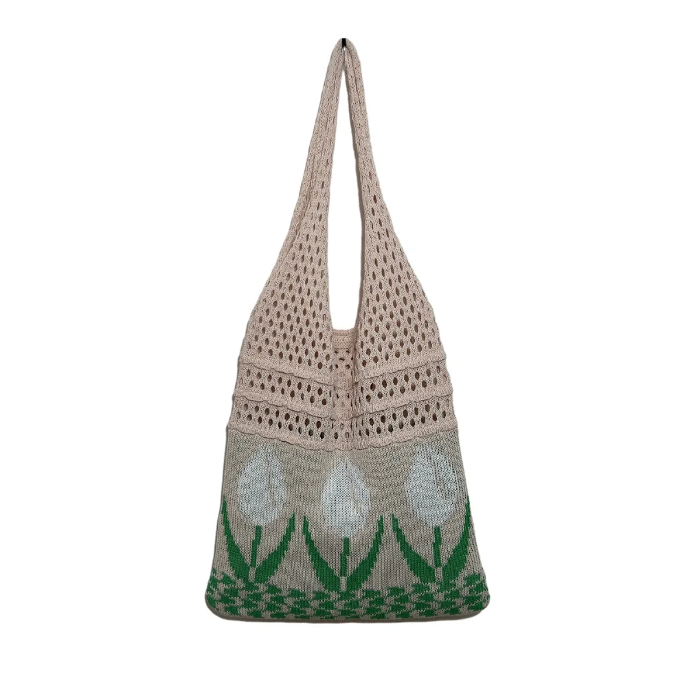 Flower Tulip Vintage Knitted Shoulder Bag Beige - Shop at LoveMi