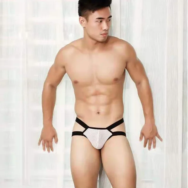 Men's Underwear Low Waist Elastic T back Breathable Hollow out Spliced Ice Silk Sexy Double G string Temptation G065 White - Shop at LoveMi