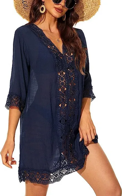 Summer Fashion Casual V neck Lace Sun Protective Blouse Beach Dress Navy - Shop at LoveMi