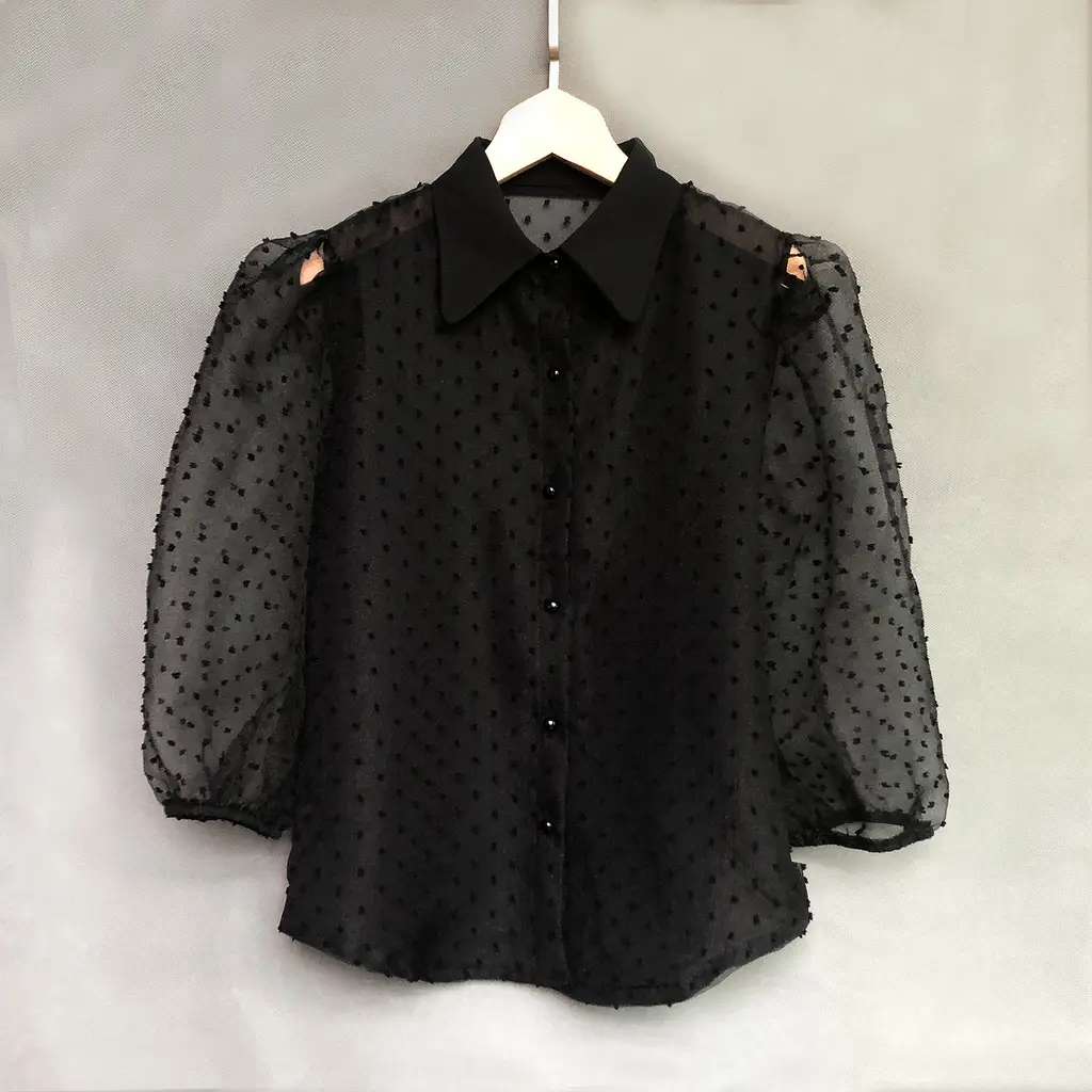 Women's Summer Top See-through Lantern Half-sleeved Stand-up Collar Shirt - Black