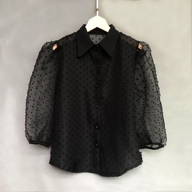 Women's Summer Top See through Lantern Half sleeved Stand up Collar Shirt Black - Shop at LoveMi