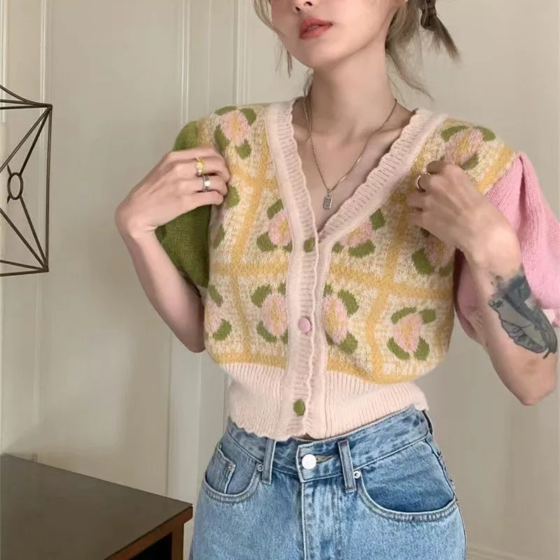 Puff Sleeve Knitted Cardigan Fall Women's Clothing Design Sense Niche Gentle Sweet Outer Wear V neck Thin Short Top - Shop at LoveMi