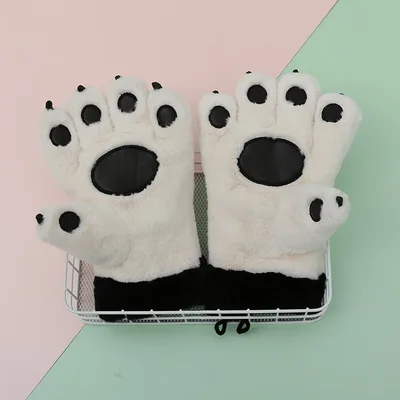 Cute Cartoon Bear Claw Plush Gloves Female Winter Warm Fleece lined Thickened Hand shaped Brush Road Bike Skiing Black And White - Shop at LoveMi