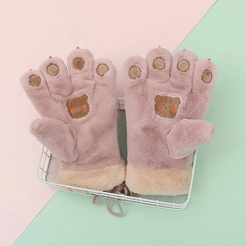 Cute Cartoon Bear Claw Plush Gloves Female Winter Warm Fleece-lined Thickened Hand-shaped Brush Road Bike Skiing - Pink