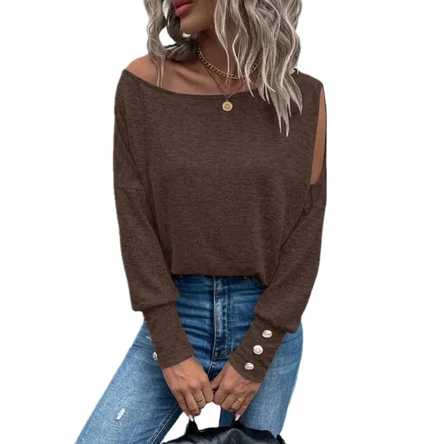 Women's Solid Color Off the shoulder Cuff And Button T shirt Dark Brown - Shop at LoveMi