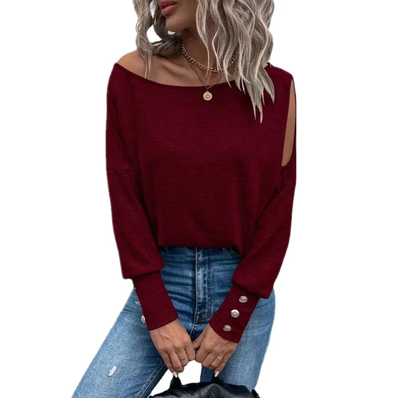 Women's Solid Color Off the shoulder Cuff And Button T shirt Wine Red - Shop at LoveMi