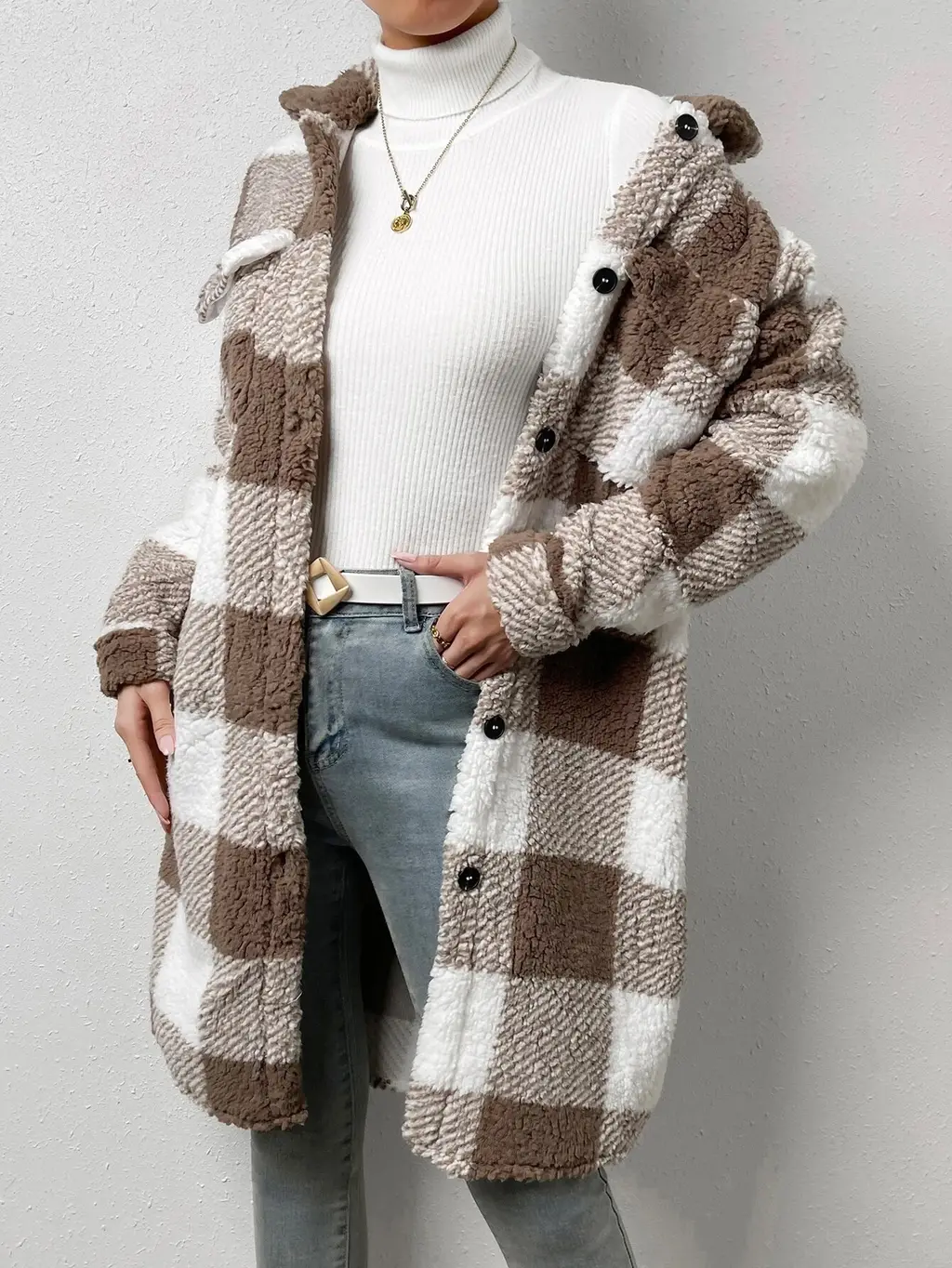 Button Lapel Plush Plaid Coat Loose - Coffee And White