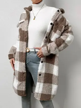Button Lapel Plush Plaid Coat Loose - Coffee And White