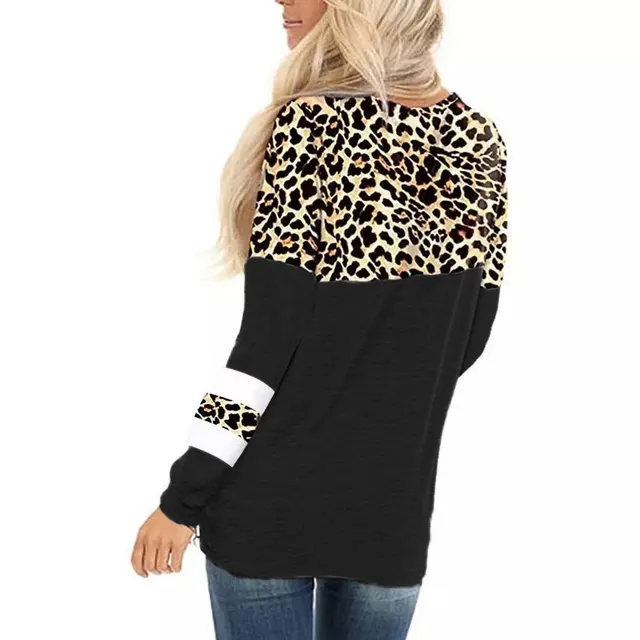 Leopard Print Round Neck Long Sleeve T shirt Bottoming Shirt Black - Shop at LoveMi