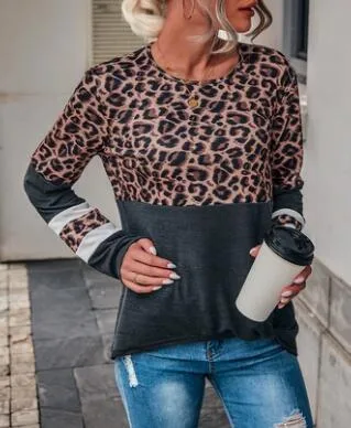 Leopard Print Round Neck Long Sleeve T shirt Bottoming Shirt Gray - Shop at LoveMi
