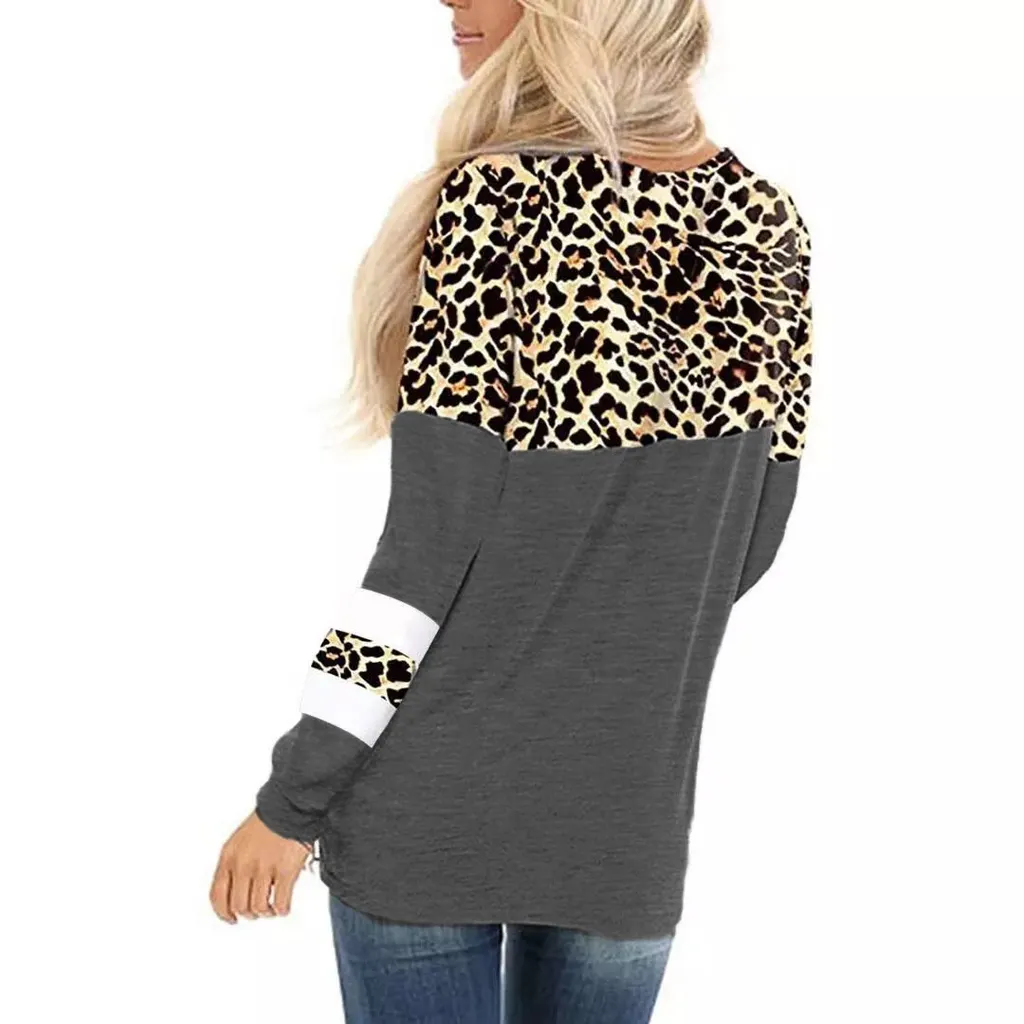Leopard Print Round Neck Long Sleeve T-shirt Bottoming Shirt - Light Gray