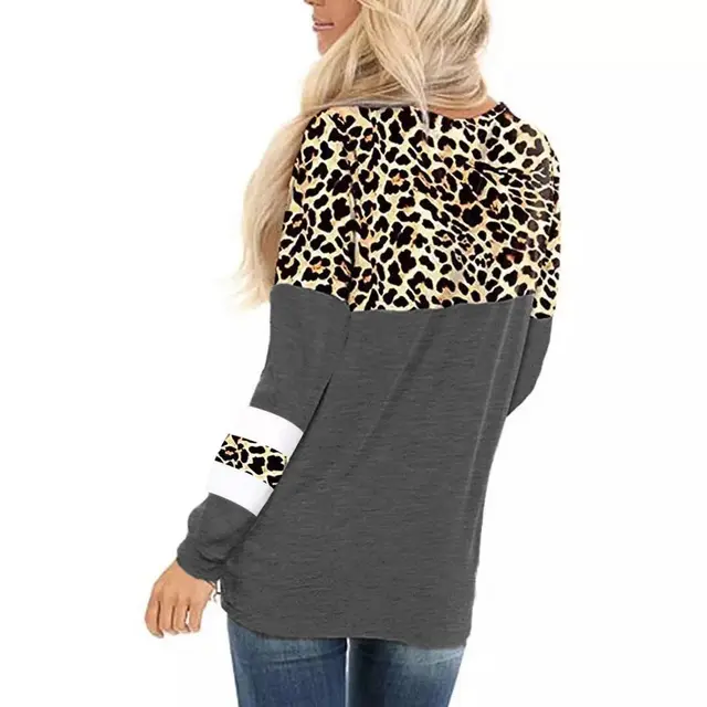 Leopard Print Round Neck Long Sleeve T shirt Bottoming Shirt Light Gray - Shop at LoveMi