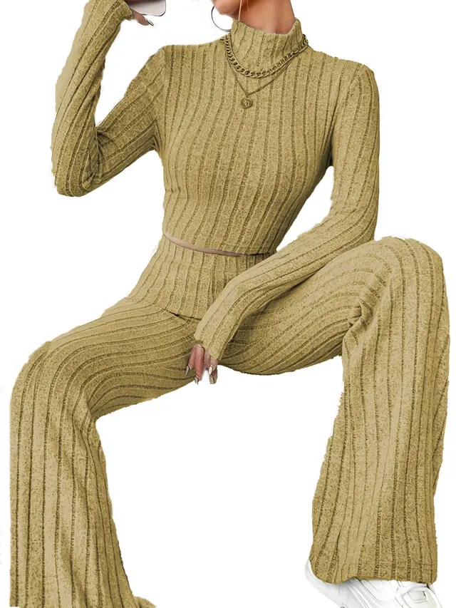 Solid Color Rib Fabric Women's Long sleeved Knitwear And Trousers Suit Khaki - Shop at LoveMi