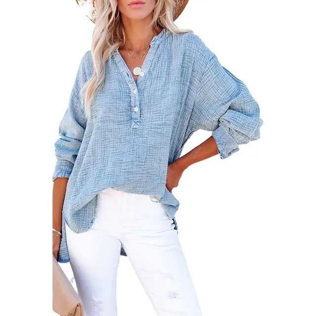 Autumn New Pullover Collar Decorated With Buttons Long Sleeve Top Loose Shirt Blue - Shop at LoveMi