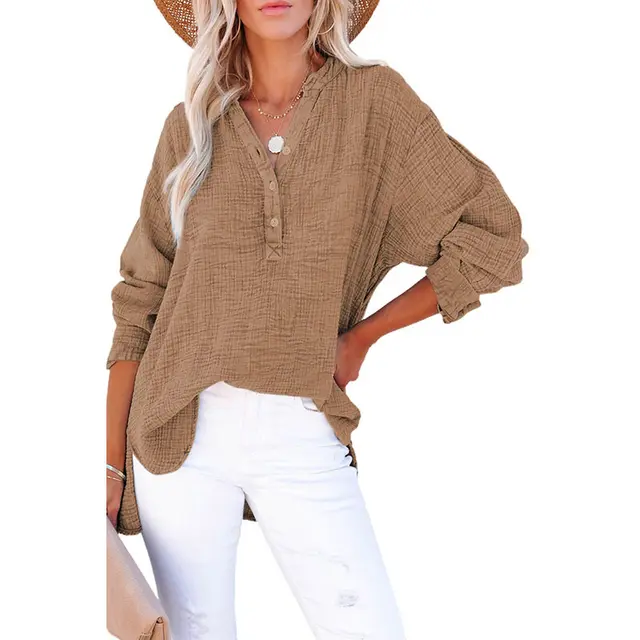 Autumn New Pullover Collar Decorated With Buttons Long Sleeve Top Loose Shirt Brown - Shop at LoveMi