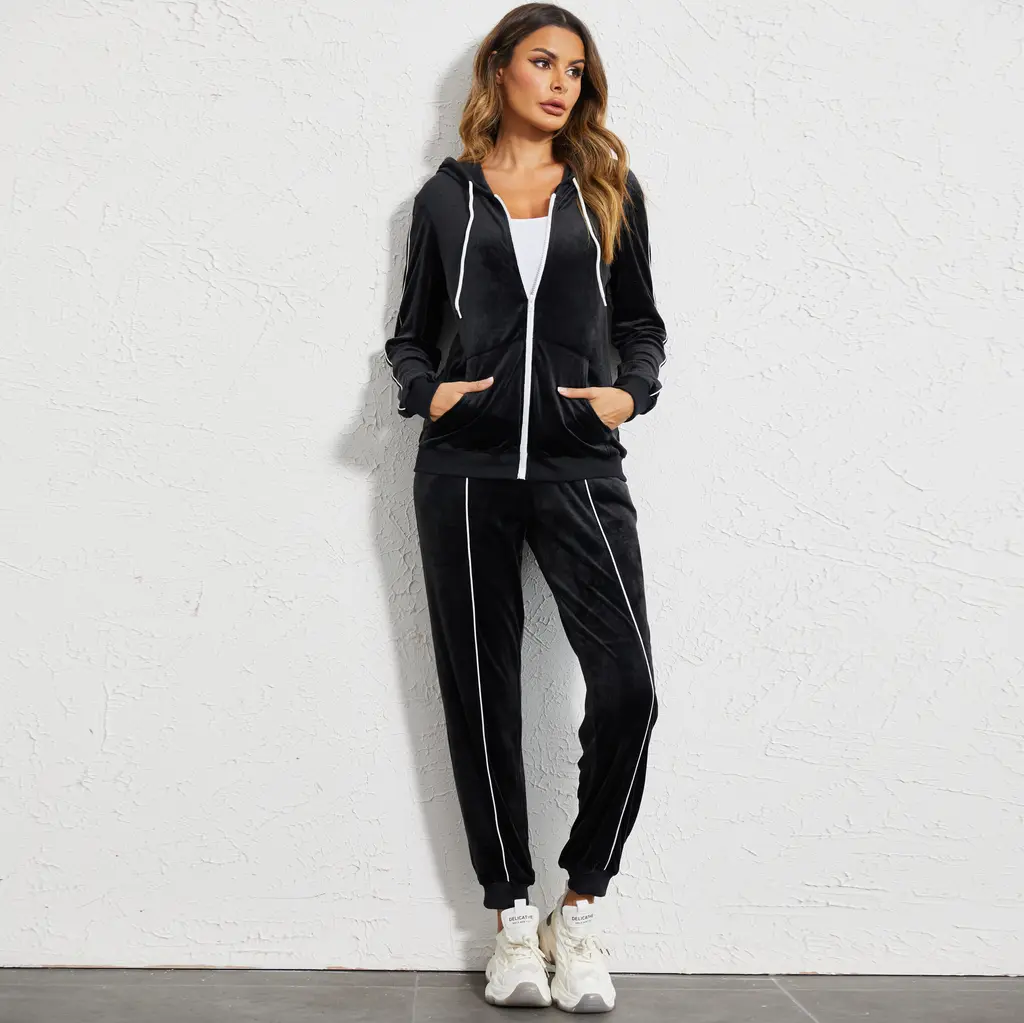 Women's Long-sleeved Trousers Two-piece Suit Sweater Hooded Jacket Sports And Leisure Suit - Black