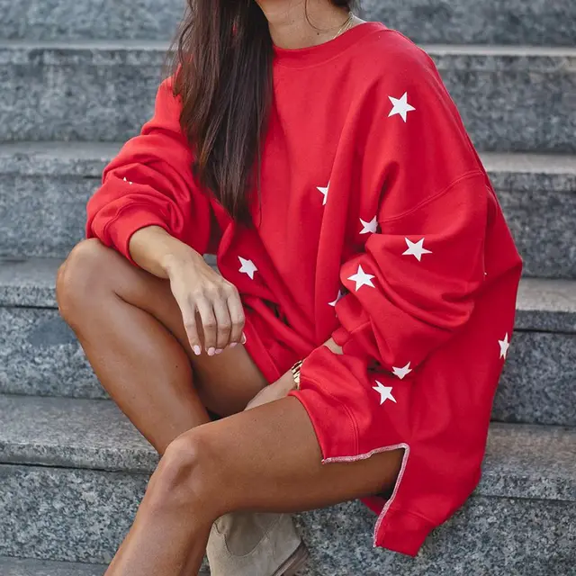 Women's Loose Plus Size Crew Neck Long sleeved Printed Sweater Red - Shop at LoveMi