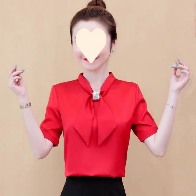 Spring And Autumn Satin Shirt Graceful Bow Lace up Top Color Short Sleeve - Shop at LoveMi