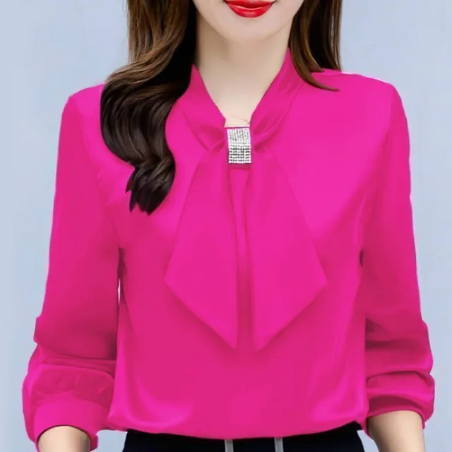 Spring And Autumn Satin Shirt Graceful Bow Lace up Top Rose Red Long Sleeve - Shop at LoveMi