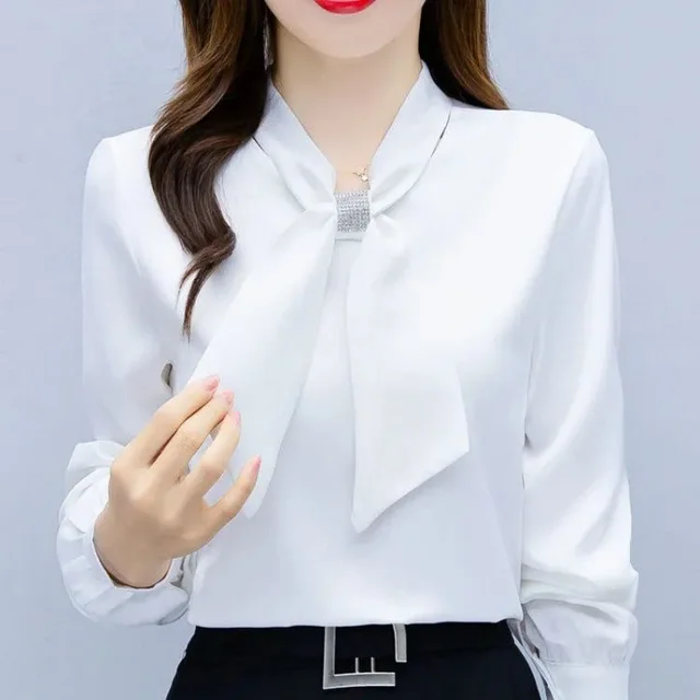 Spring And Autumn Satin Shirt Graceful Bow Lace up Top White Long Sleeve - Shop at LoveMi