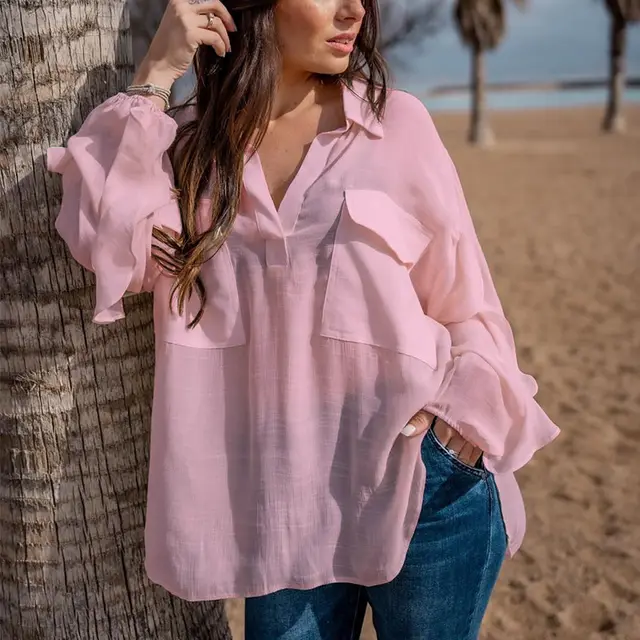 Women's Fashion Long Sleeve Solid Color Shirt Pink - Shop at LoveMi