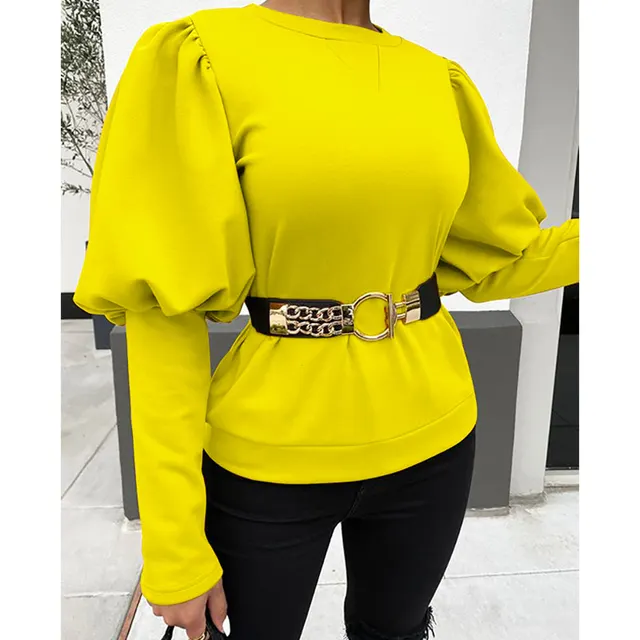 Women's Clothing Round Neck Puff Sleeve Solid Color Top T shirt Yellow - Shop at LoveMi