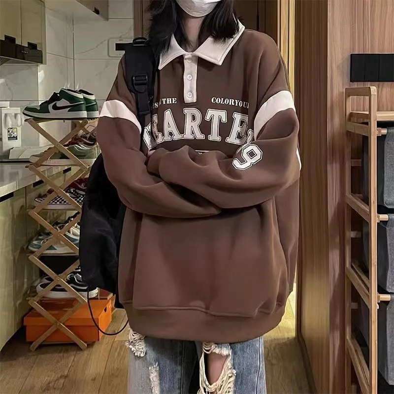 American Retro Contrast-colour Stitching Sweatshirt Loose Casual Top - Camel