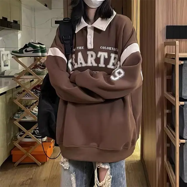 American Retro Contrast color Stitching Sweatshirt Loose Casual Top Camel - Shop at LoveMi