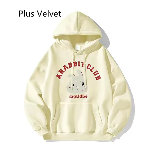 Female Autumn And Winter Rabbit Printed Hoodie Beige Plus Velvet - Shop at LoveMi