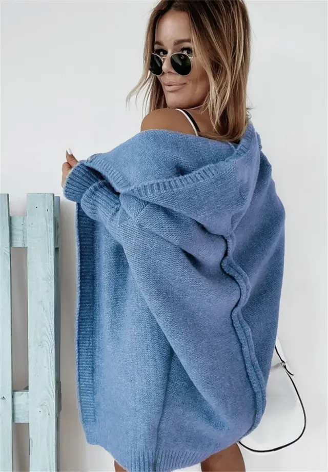 Knitwear Hat Collar Temperament Commute Bat Sleeved Soft Loose Back Stitching Sweater Denim Blue - Shop at LoveMi