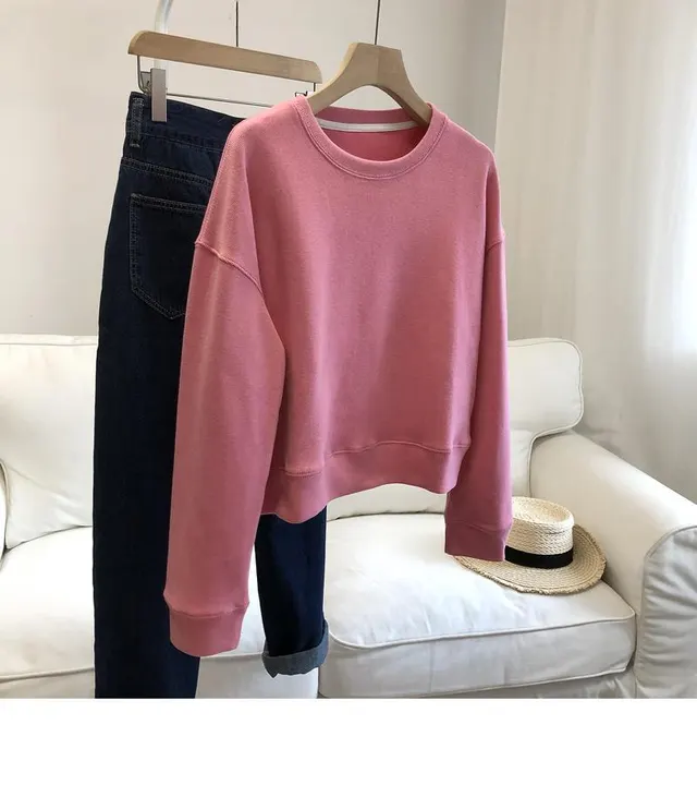 Short Round Neck Bright Line Sweater Women's Loose Pullover Leisure Long Sleeve Peach Pink - Shop at LoveMi