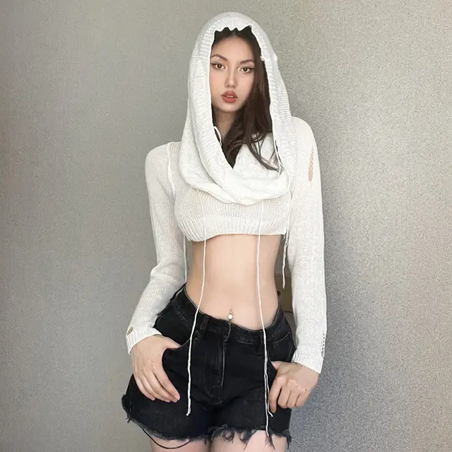 Solid Color Long sleeved Top Winter New Cropped Pullover Simple Hooded Knitted Sweater White - Shop at LoveMi