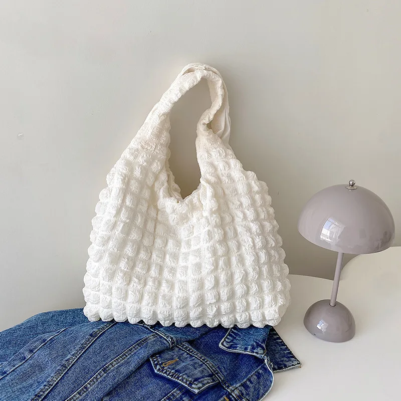 Cute Pleated Puff Shouder Bag Women Large-capacity Cloud Armpit Bag Winter Fashion Handbags Girls - Beige