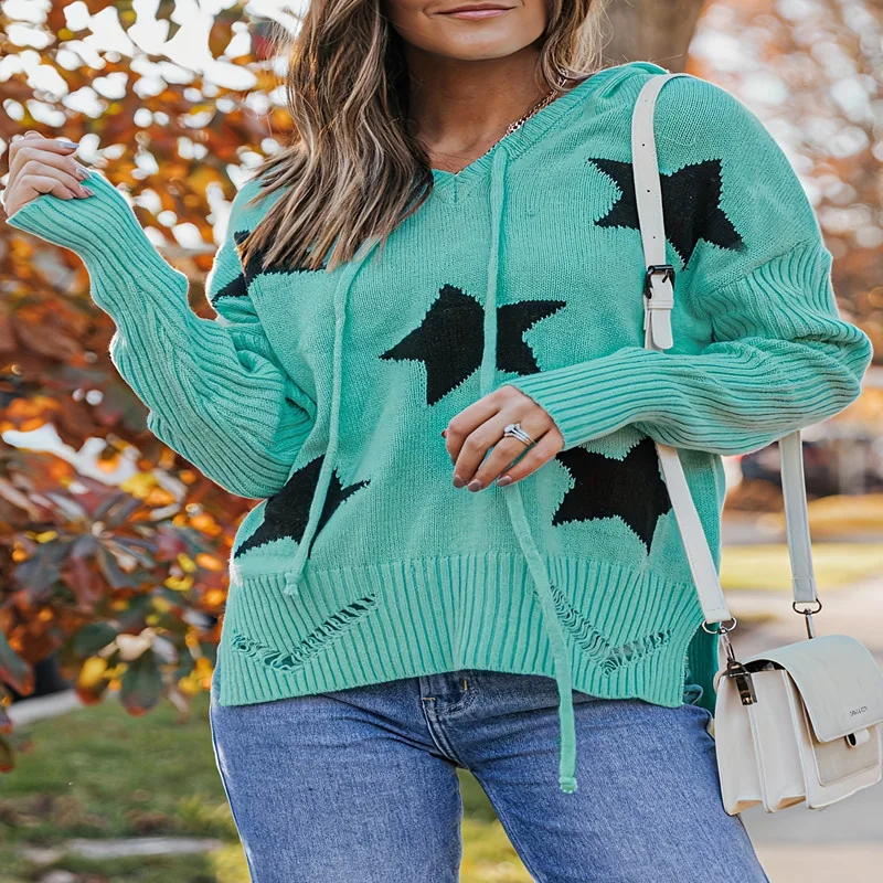 Hooded Drawstring XINGX Women's Printed Wear Knitted Pullover Emerald - Shop at LoveMi