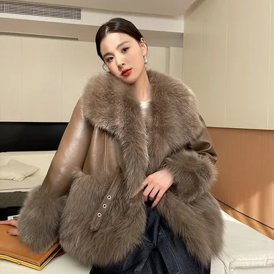 Big Fur Collar Stitching For A Woman Faux Coat Cocoa Color Xl - Shop at LoveMi