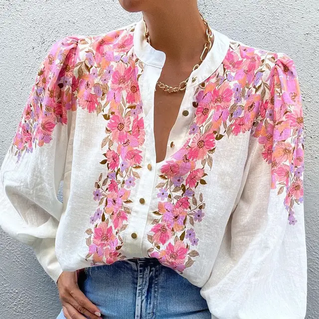 Women's Fashion Loose fitting Long Sleeves Printed Shirt Pink - Shop at LoveMi