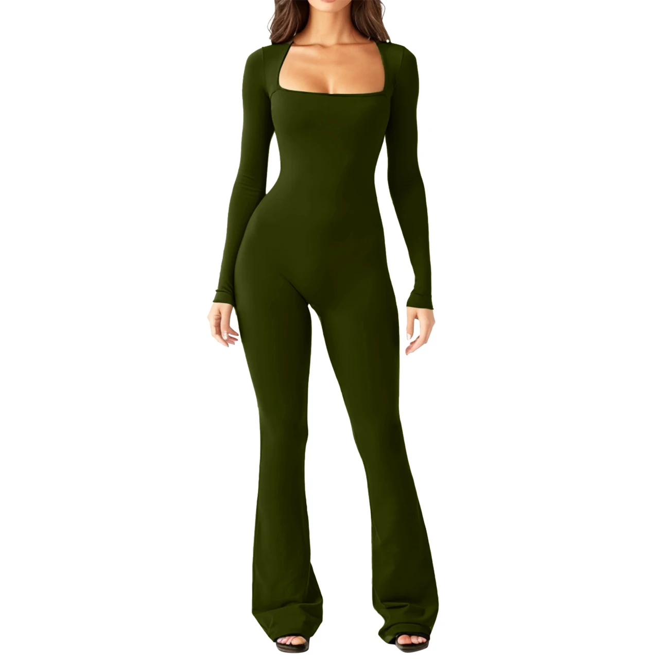 Women's Long Sleeve Belly And Waist Shaping Square Collar High Elastic Jumpsuit - Army Green