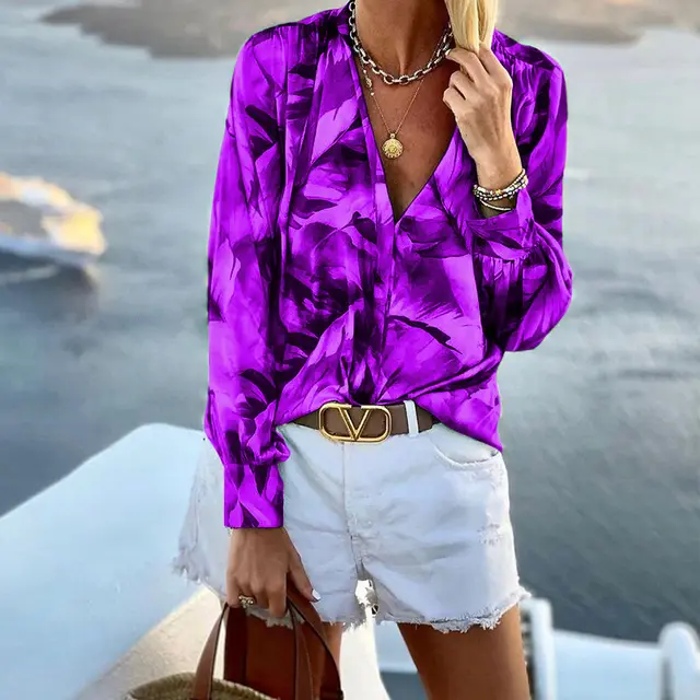 Women's V neck Long sleeved Printed Top Purple - Shop at LoveMi