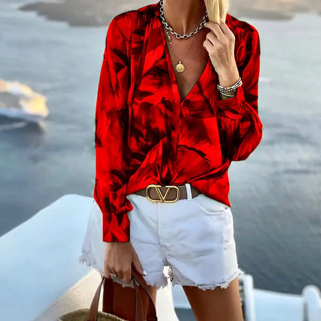 Women's V neck Long sleeved Printed Top Red - Shop at LoveMi