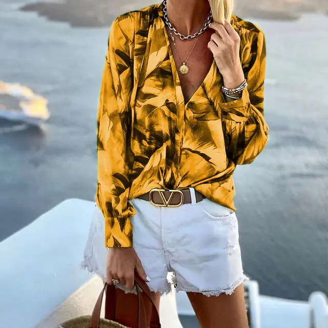 Women's V neck Long sleeved Printed Top Yellow - Shop at LoveMi