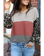 Women's Long-sleeved Autumn Leopard Splicing Street Style Sweater - Red And Gray Stitching