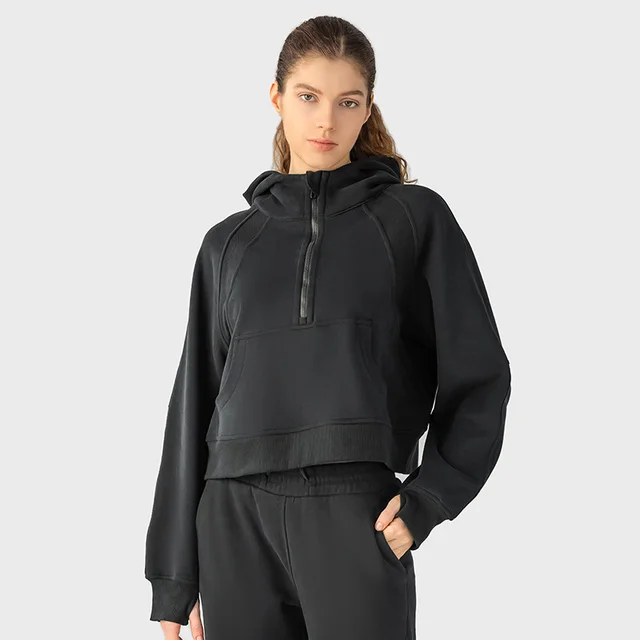 Autumn And Winter Hoodie Half Zipper Sweater Women's Short Casual Loose All Match Sports Top Black - Shop at LoveMi