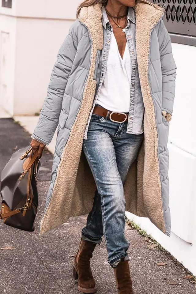 Solid Color Hooded Cotton Jacket Long Sleeve Double sided Wear Slim Fit Elegant Cardigan Coat Top Silver - Shop at LoveMi