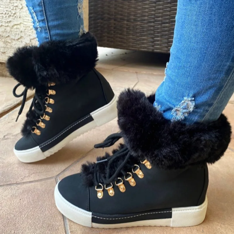 Lace-up Boots Cute Thick Sole Heighten Non Slip Snow Shoes Fall Winter Keep Warm Plush Lined Furry Ankle Boots Outdoor Walking Flat Shoes - Black
