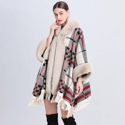 Loose Plaid Plus Cashmere Fur Collar Knitted Inverness Beige Plaid - Shop at LoveMi
