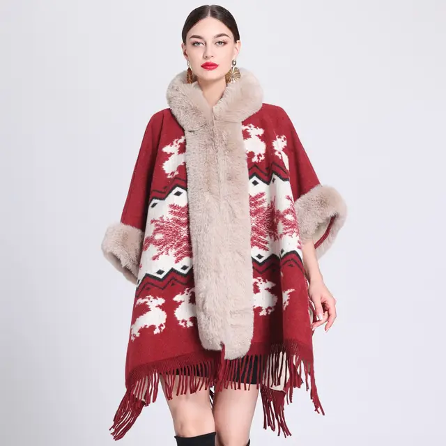 Loose Plaid Plus Cashmere Fur Collar Knitted Inverness Red Elk - Shop at LoveMi