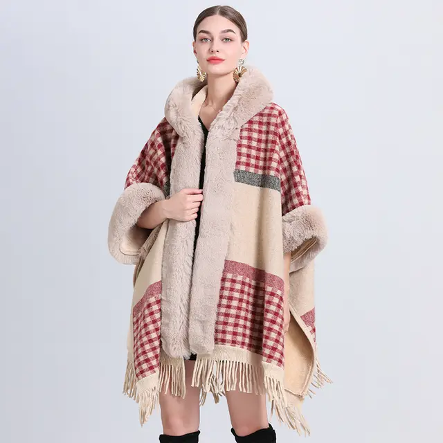 Loose Plaid Plus Cashmere Fur Collar Knitted Inverness Small Red Plaid - Shop at LoveMi