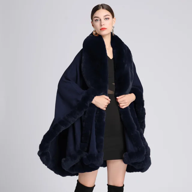 Fur Collar Shawl Cape Knitted Cardigan Baggy Coat Navy Blue - Shop at LoveMi