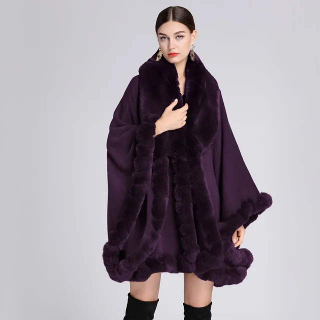 Fur Collar Shawl Cape Knitted Cardigan Baggy Coat Purple - Shop at LoveMi