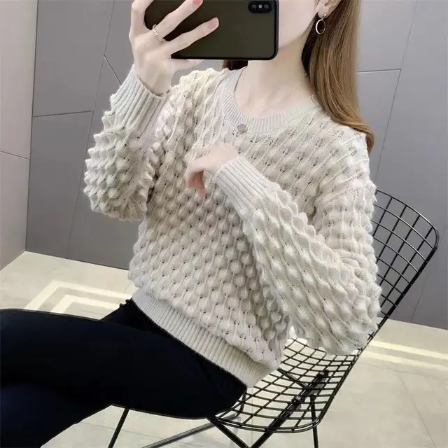 Casual Women's Long Sleeve Round Neck Loose Sweater Khaki - Shop at LoveMi
